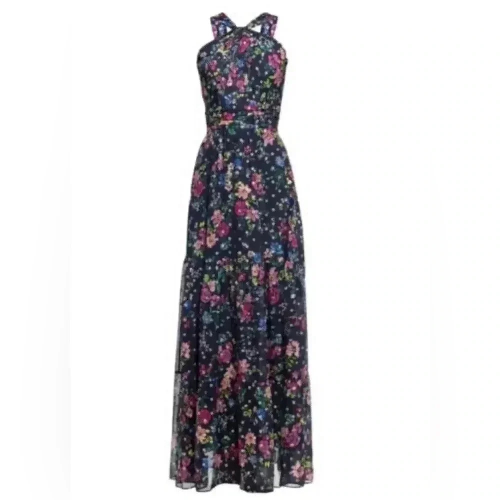 NWT Shoshanna Midnight Nelle Floral Print Tiered Maxi Dress Size 2